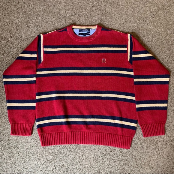 Vintage Tommy Hilfiger Striped Heavy Knit Crest Sweater Red Yellow Blue Size L - Picture 1 of 11
